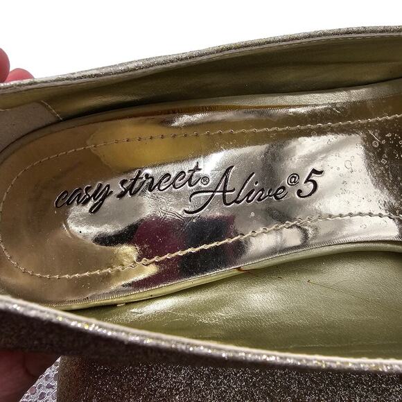 Gold Heels Womens Size 7.5 Sparkle Glitter Glam Wedding Dress Peep Toe Metallic - Picture 5 of 16